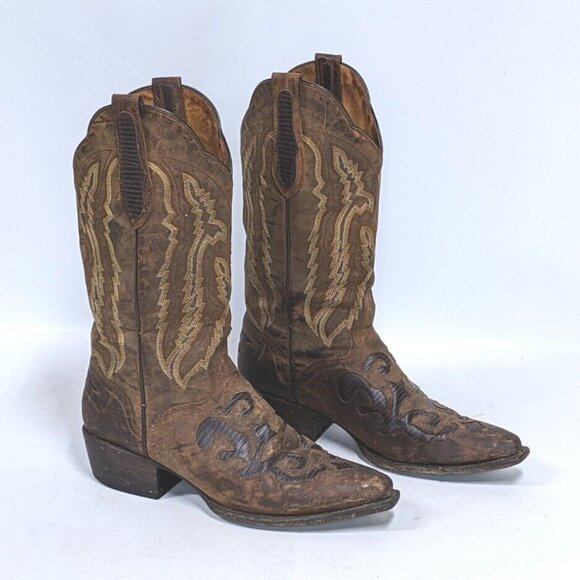 JB Dillon Embroidered Western Boots, Distressed Goat Leather Boots, Size 8D - Picture 2 of 12